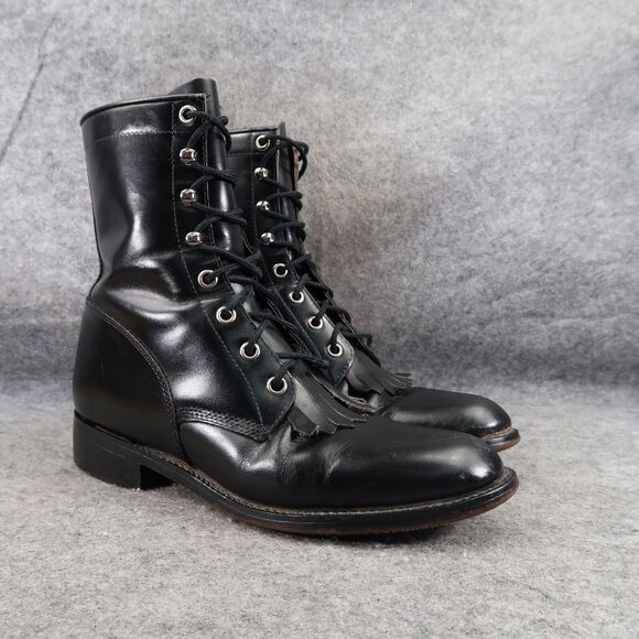 Justin Boots Women 6.5 Diamond J Lace Western Leather Black Classic Kiltie Retro - Picture 1 of 16